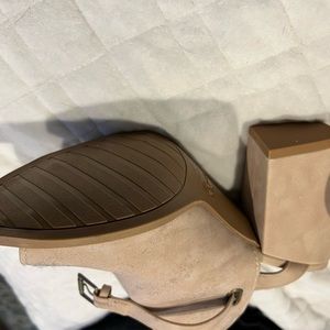 Nude open back bootie heel suede fabric